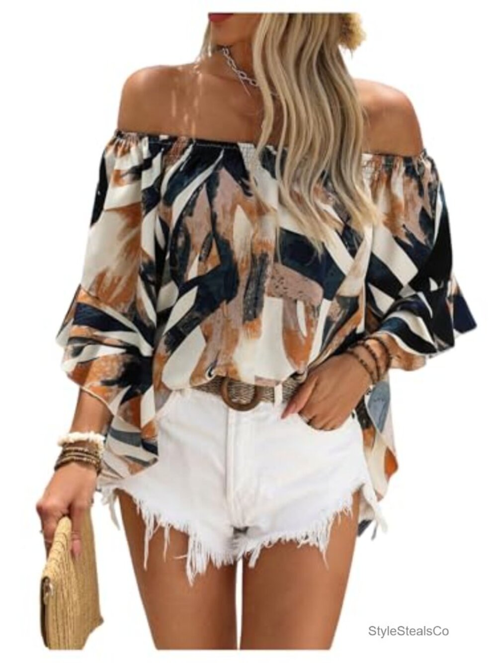 Off The Shoulder Boho Ruffle 3/4 Sleeve Blouse Dressy Casual Top
